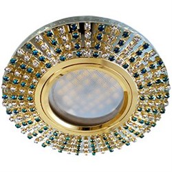 Ecola MR16 DL1662 GU5.3 Glass Стекло Круг с прозр.и бирюз. стразами (оправа золото)/фон зерк./центр.часть золото 25х93 FM16RGECB - фото 4573
